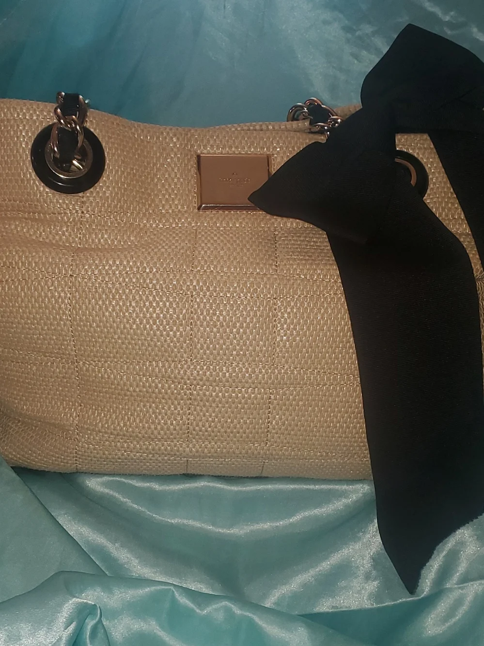 kate spade Neutral Woven Tote with Black Bow Accent